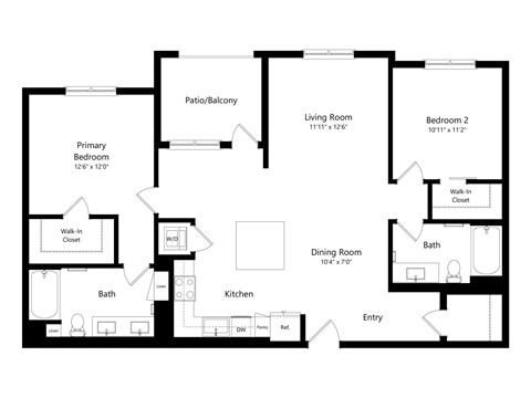 A floor plan of a house with a living room, dining room, kitchen, two bedrooms, a bathroom, and a patio/balcony.